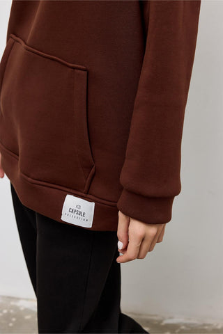 Fleece Hooded Sweatshirt With Pocket Brown