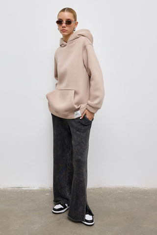 Fleece Hooded Sweatshirt With Pocket Beige