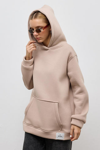 Fleece Hooded Sweatshirt With Pocket Beige