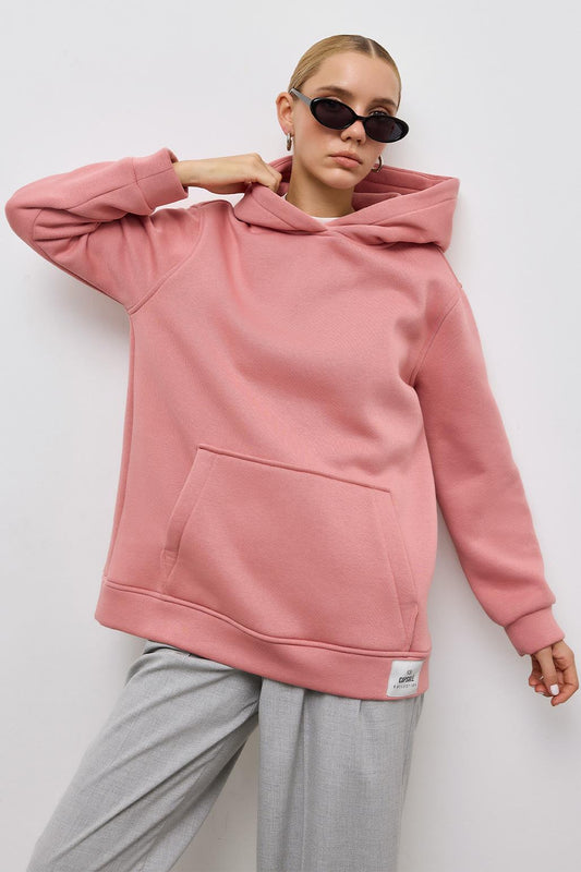 Fleece Hooded Sweatshirt With Pocket Coral