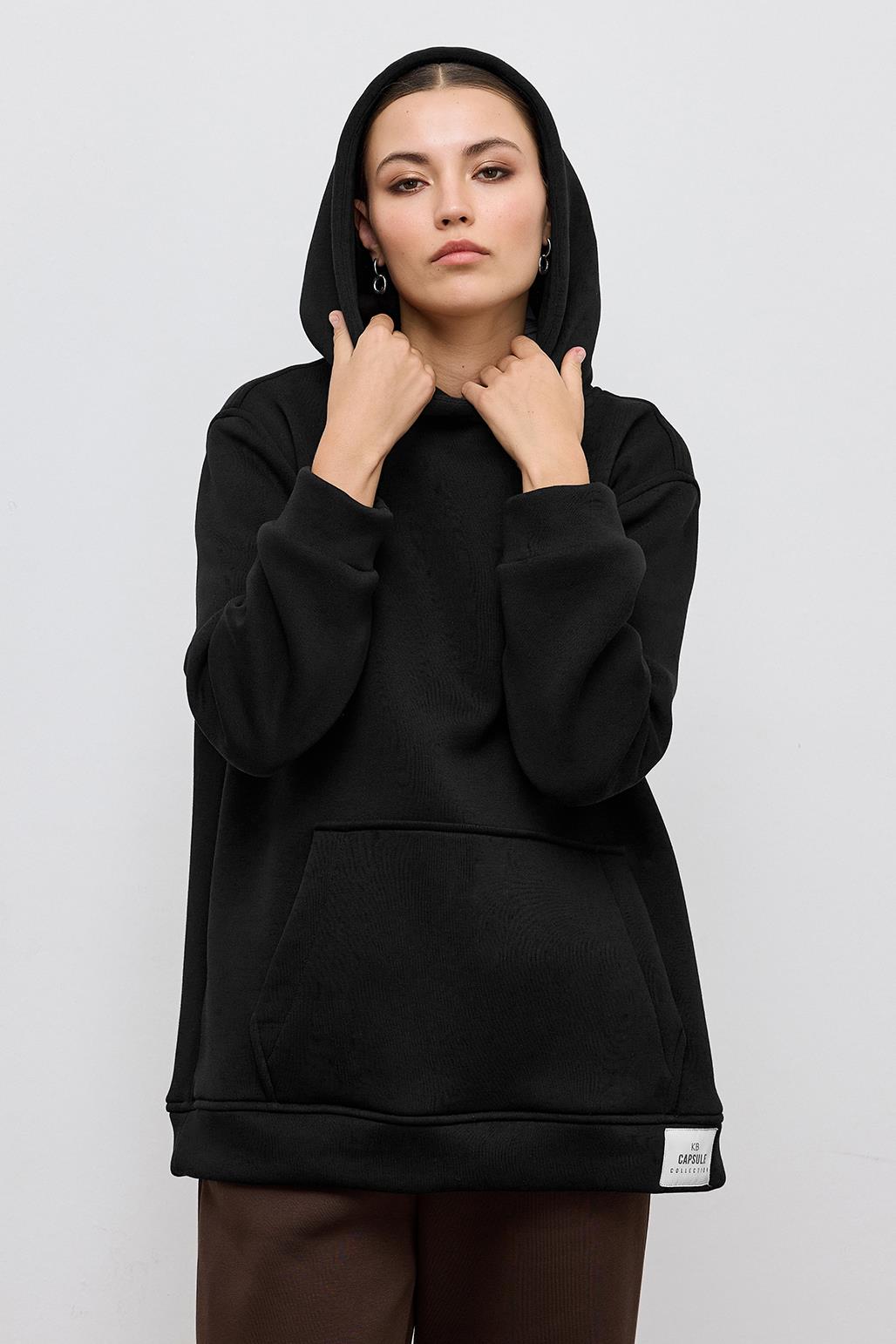 Fleece Hooded Sweatshirt With Pocket Black