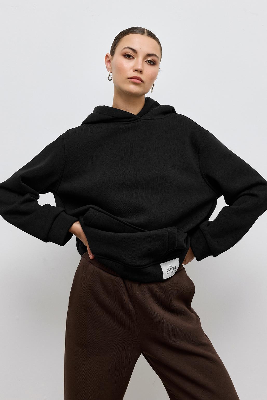 Fleece Hooded Sweatshirt With Pocket Black
