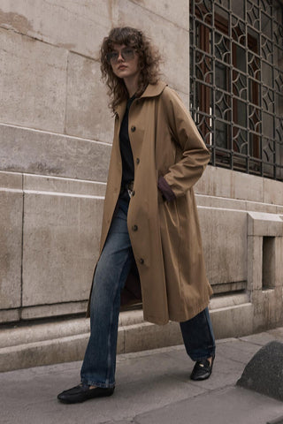 Checked Belted Long Trench Coat Camel