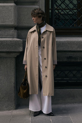 Checked Belted Long Trench Coat Stone