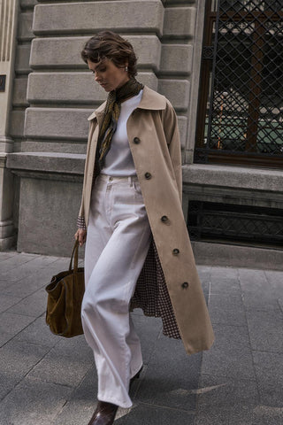 Checked Belted Long Trench Coat Stone