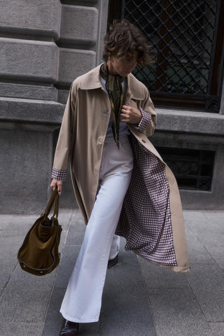 Checked Belted Long Trench Coat Stone