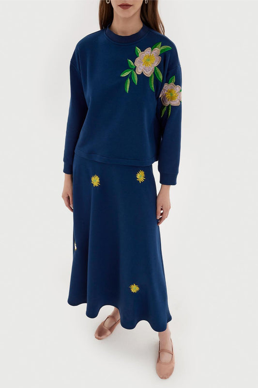 Flower Embroidery Hoodie and Flared Skirt Set Indigo