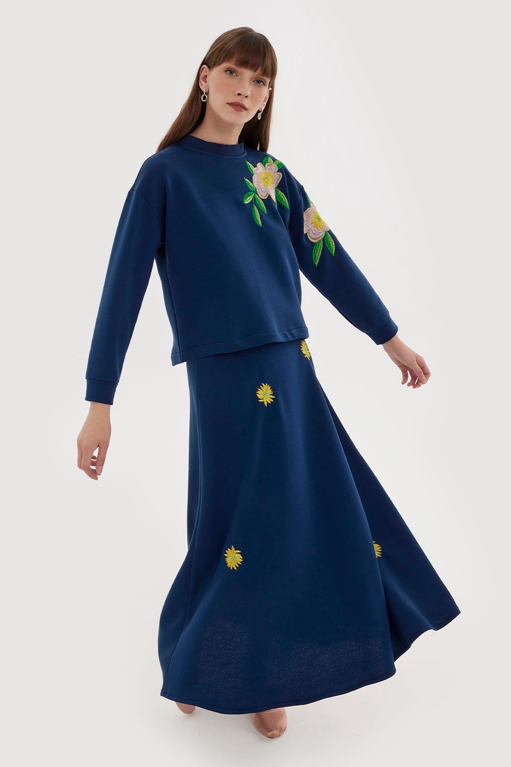 Flower Embroidery Hoodie and Flared Skirt Set Indigo