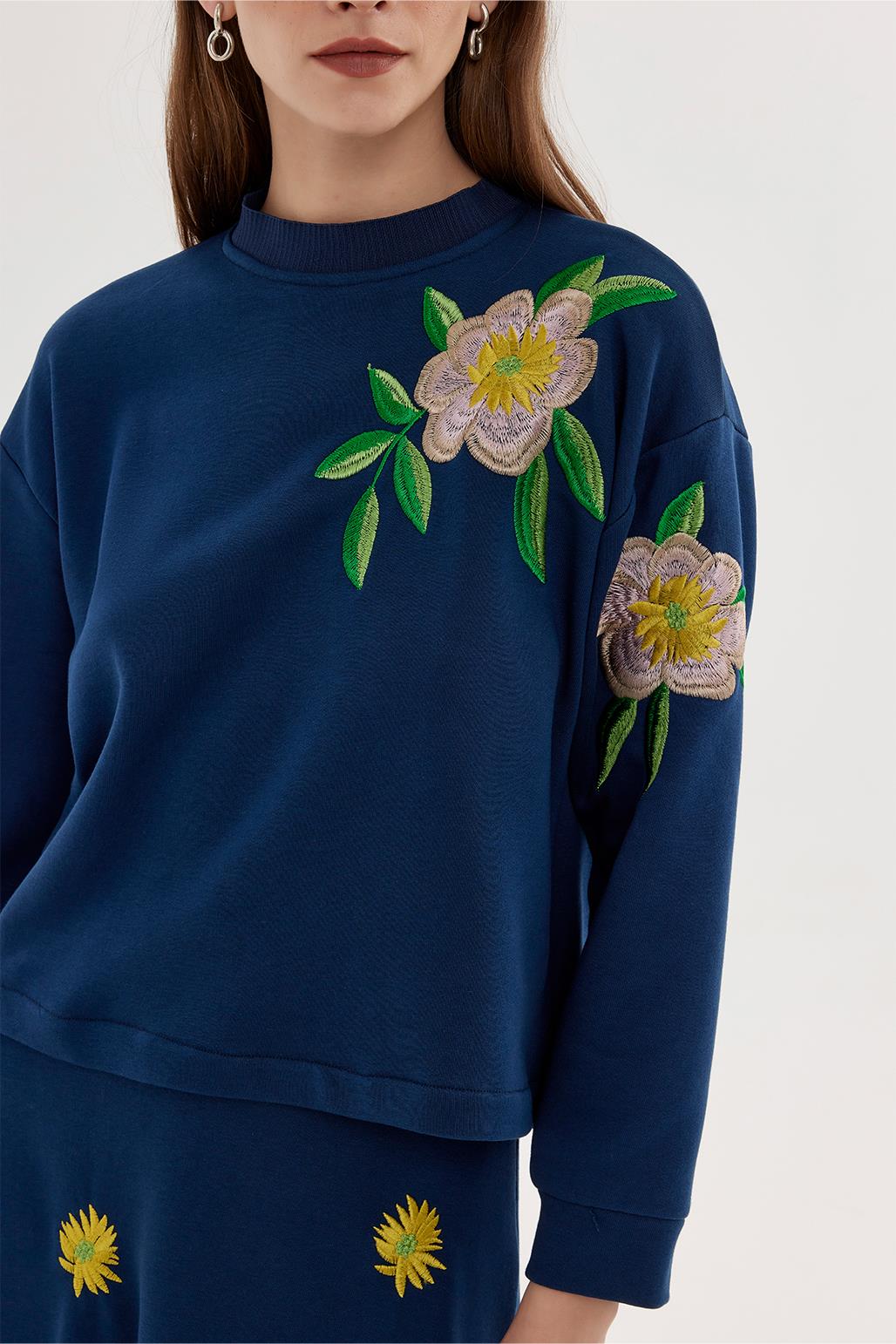 Flower Embroidery Hoodie and Flared Skirt Set Indigo