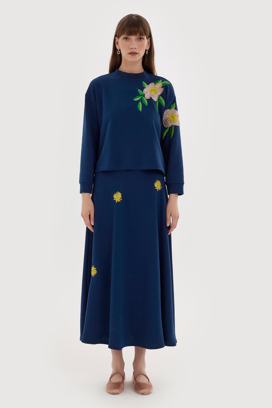 Flower Embroidery Hoodie and Flared Skirt Set Indigo