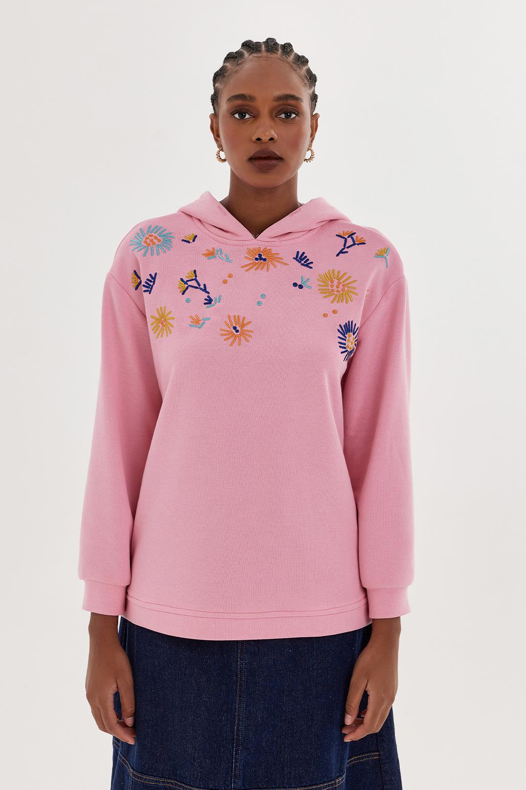 Flower Embroidery Hoodie Pink