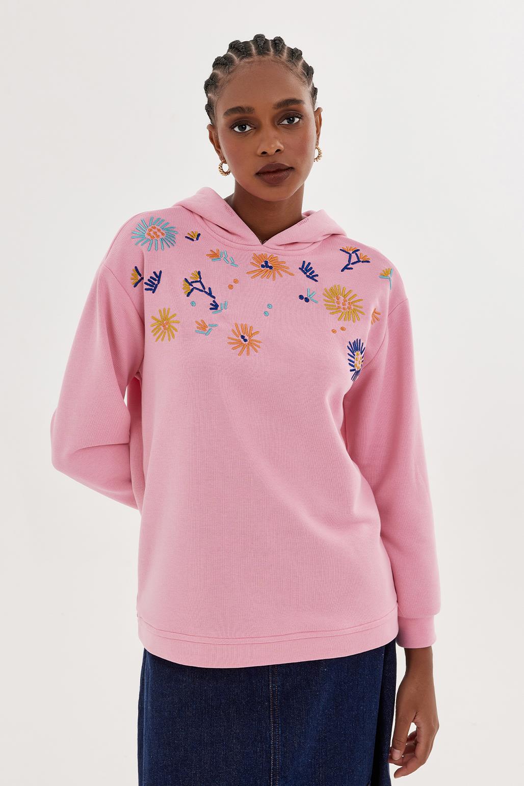 Flower Embroidery Hoodie Pink