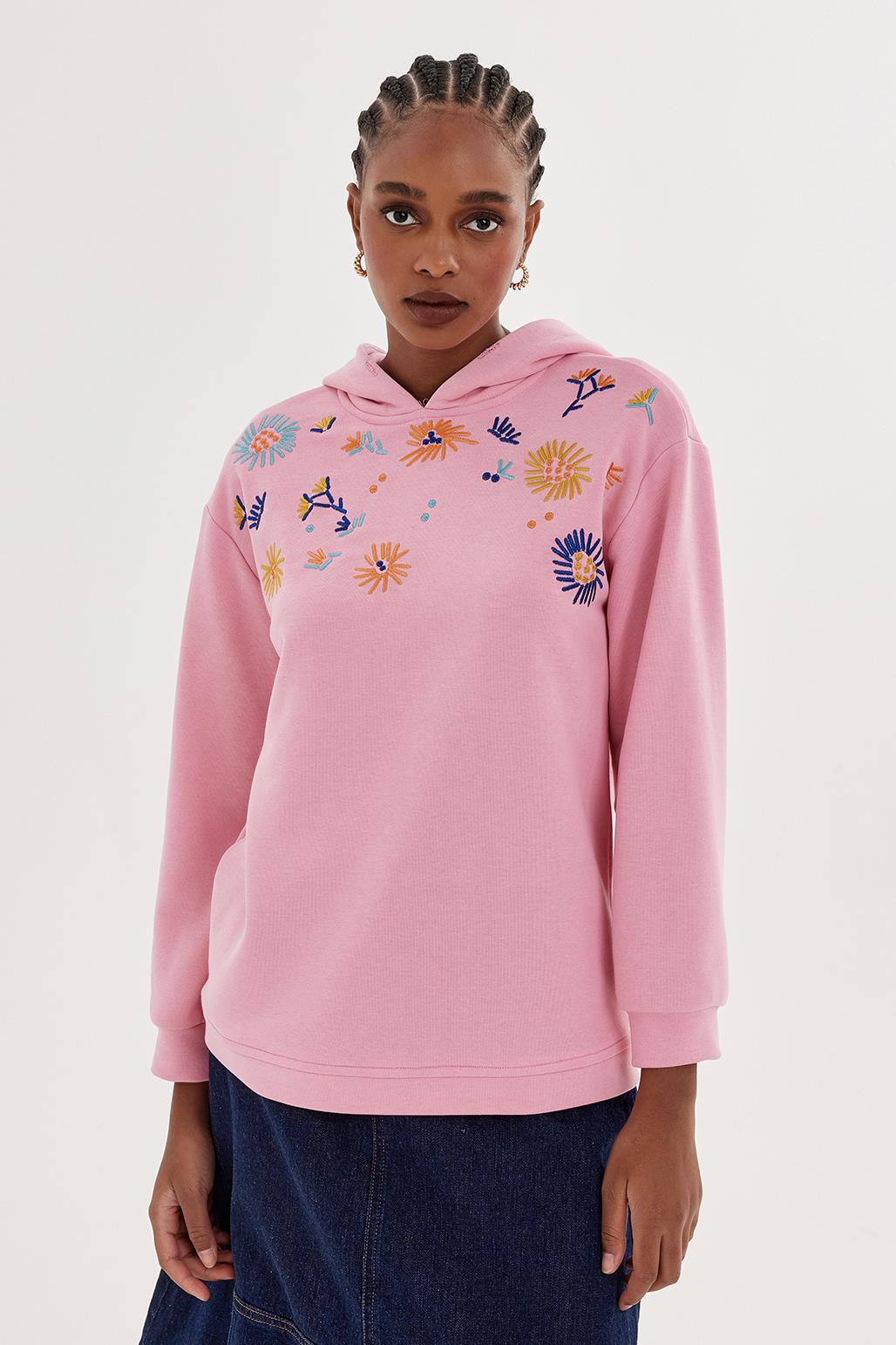 Flower Embroidery Hoodie Pink