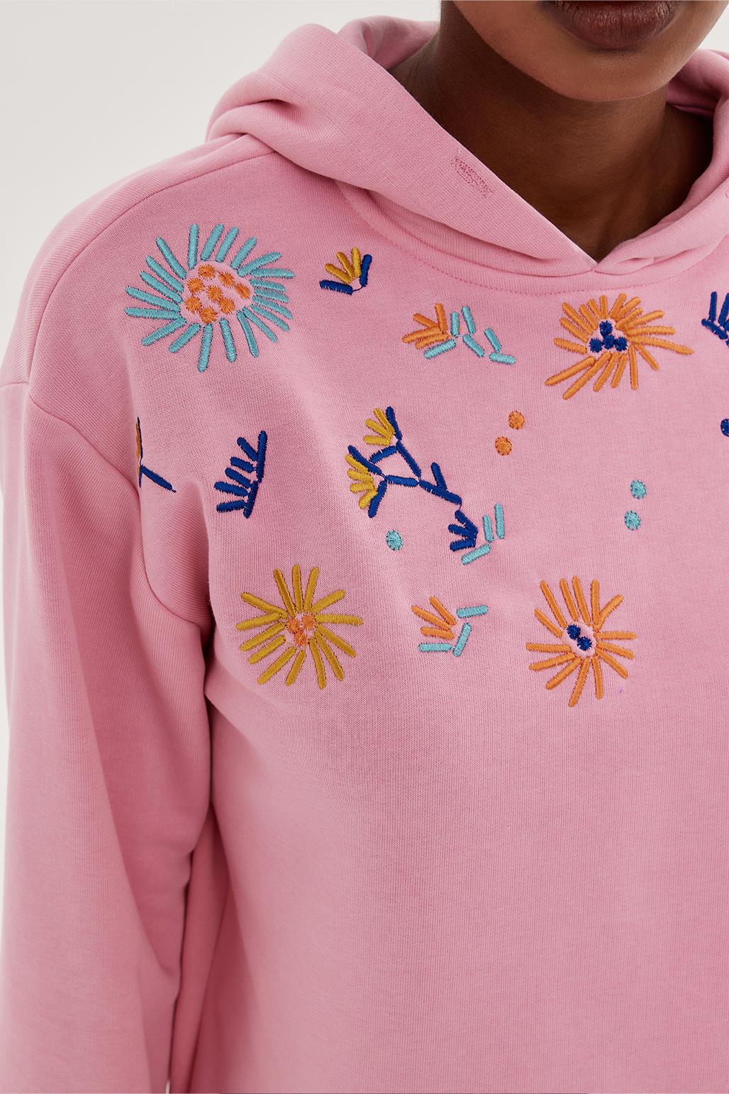 Flower Embroidery Hoodie Pink