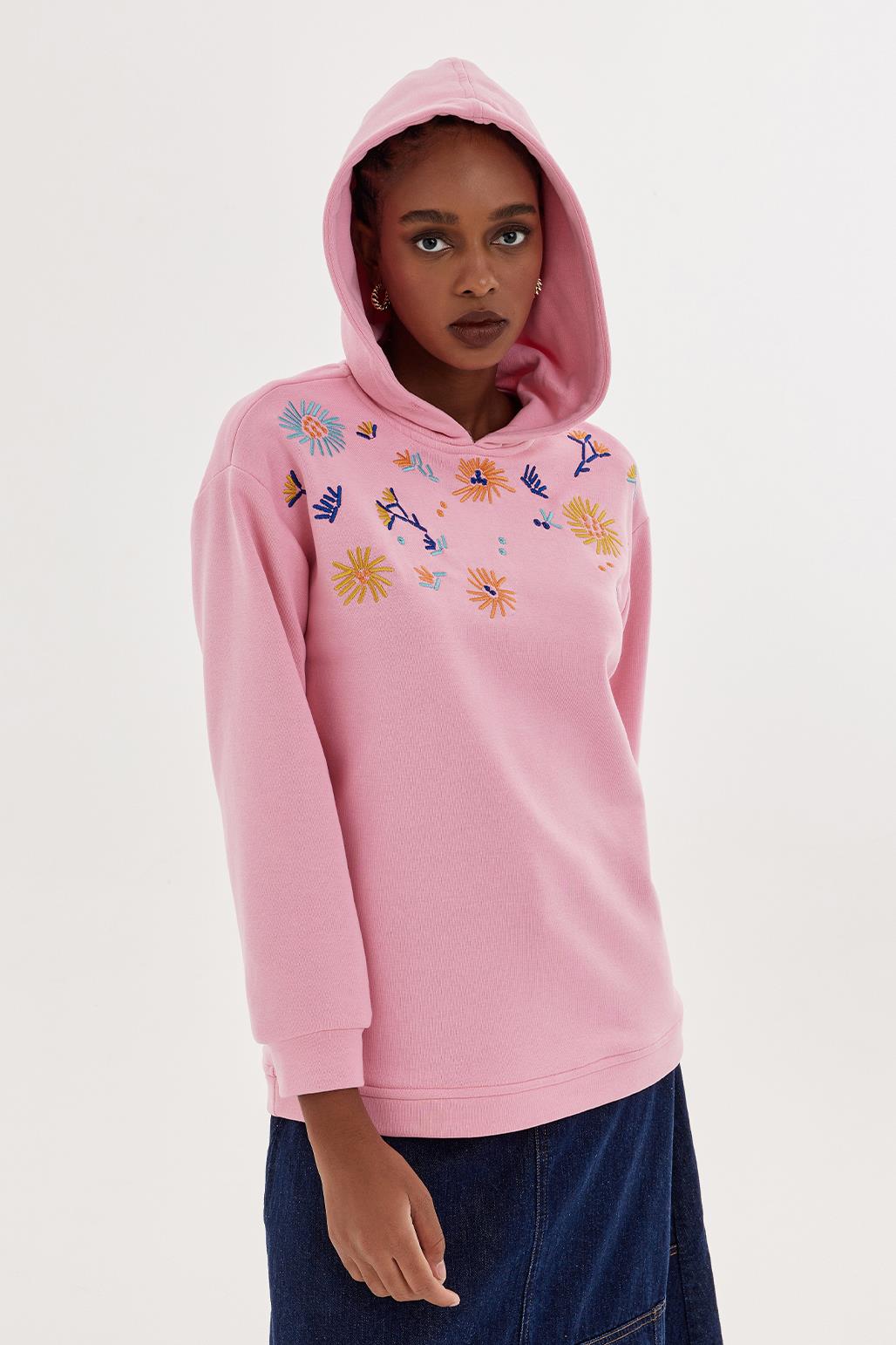 Flower Embroidery Hoodie Pink