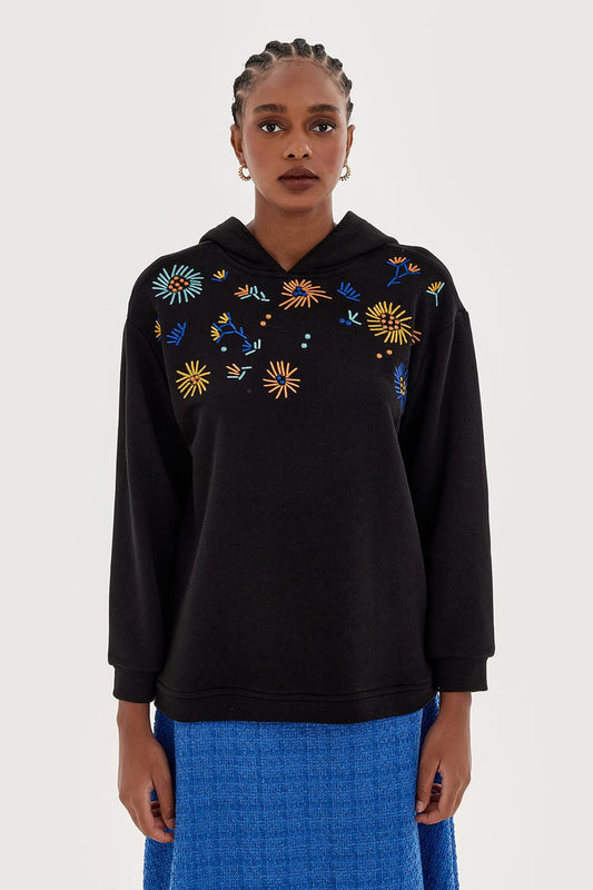 Flower Embroidery Hoodie Black