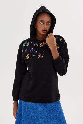 Flower Embroidery Hoodie Black