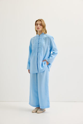 Striped Button-Detail Tencel Shirt & Trousers Set Light Blue