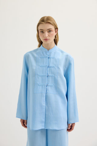 Striped Button-Detail Tencel Shirt & Trousers Set Light Blue