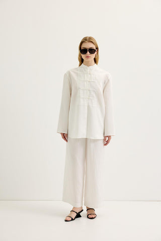 Striped Button-Detail Tencel Shirt & Trousers Set White