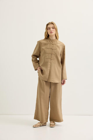 Striped Button-Detail Tencel Shirt & Trousers Set Camel