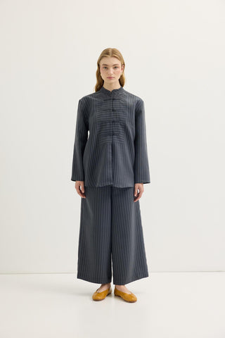 Striped Button-Detail Tencel Shirt & Trousers Set Dark Navy