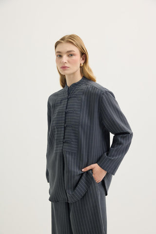 Striped Button-Detail Tencel Shirt & Trousers Set Dark Navy
