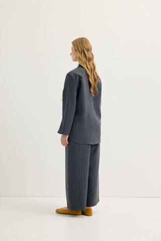 Striped Button-Detail Tencel Shirt & Trousers Set Dark Navy