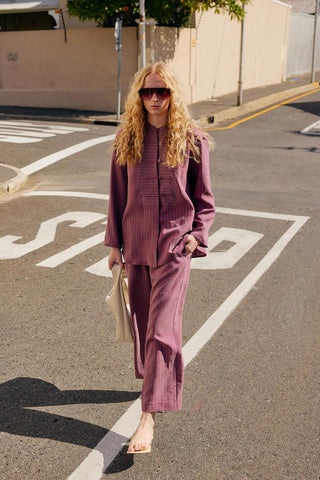Striped Button-Detail Tencel Shirt & Trousers Set Plum