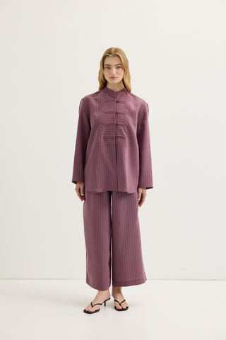 Striped Button-Detail Tencel Shirt & Trousers Set Plum