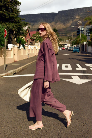 Striped Button-Detail Tencel Shirt & Trousers Set Plum