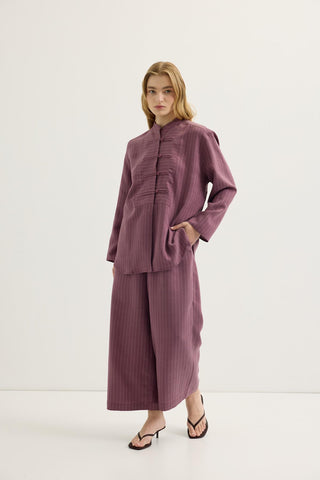 Striped Button-Detail Tencel Shirt & Trousers Set Plum