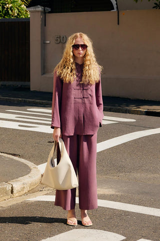 Striped Button-Detail Tencel Shirt & Trousers Set Plum