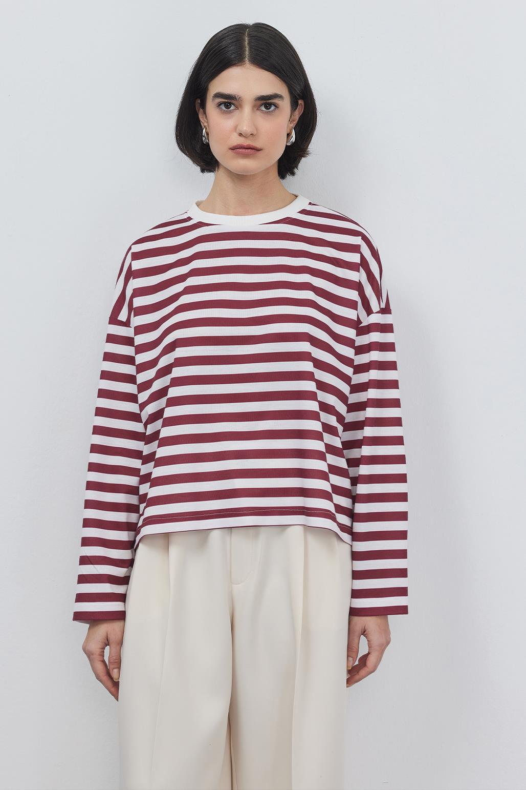 Striped Crop Sweatshirt Burgundy