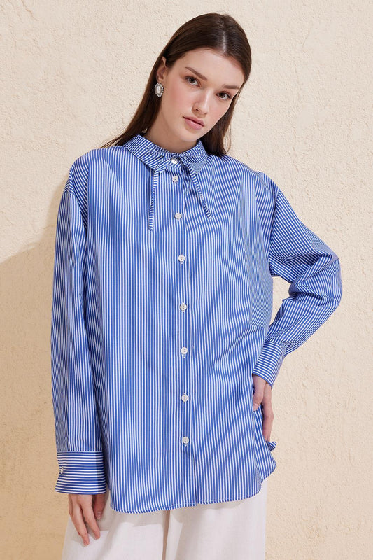 Striped Buttoned Basic Shirt Blue