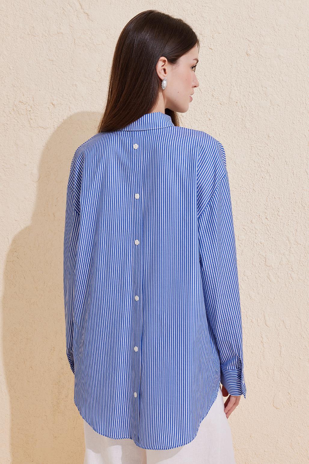 Striped Buttoned Basic Shirt Blue