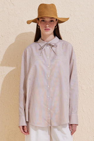 Striped Buttoned Basic Shirt Mink