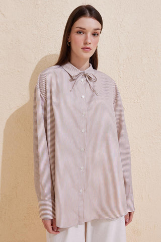Striped Buttoned Basic Shirt Mink