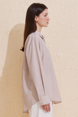 Striped Buttoned Basic Shirt Mink