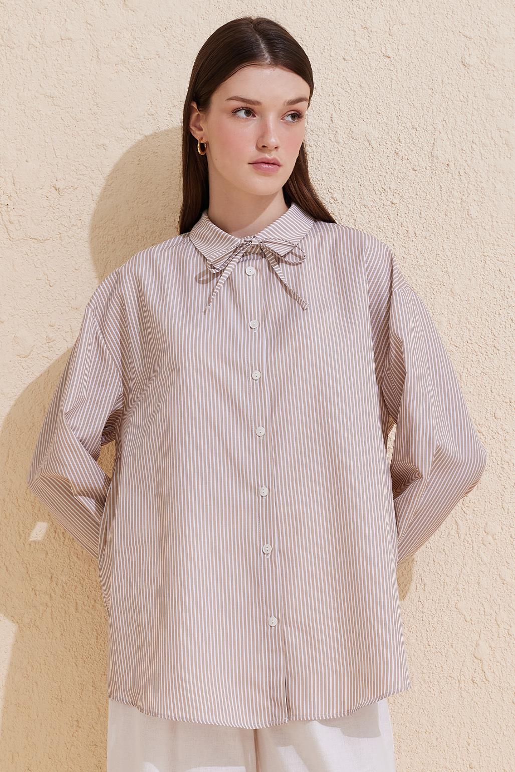 Striped Buttoned Basic Shirt Mink