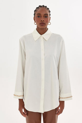 Striped Cuff Gold Embroidered Shirt Ecru