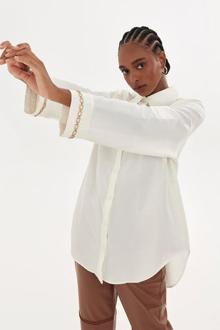 Striped Cuff Gold Embroidered Shirt Ecru