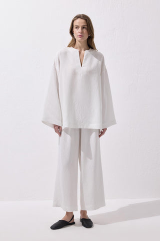 Striped Modal Blouse Trousers Set White