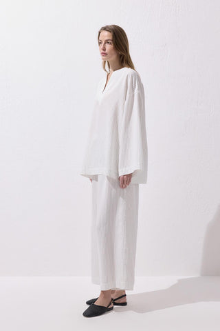 Striped Modal Blouse Trousers Set White