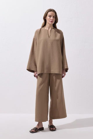Striped Modal Blouse Trousers Set Camel