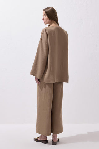 Striped Modal Blouse Trousers Set Camel