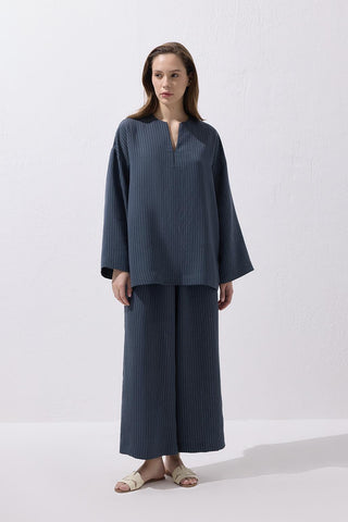Striped Modal Blouse Trousers Set Navy