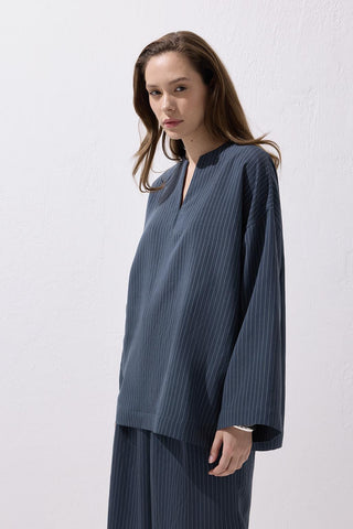 Striped Modal Blouse Trousers Set Navy