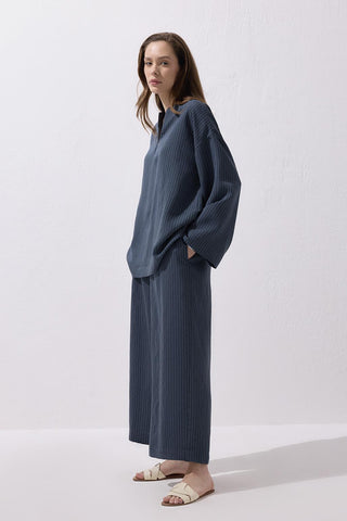 Striped Modal Blouse Trousers Set Navy