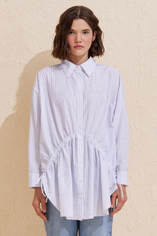 Striped Oversize Lace Up Shirt Ecru